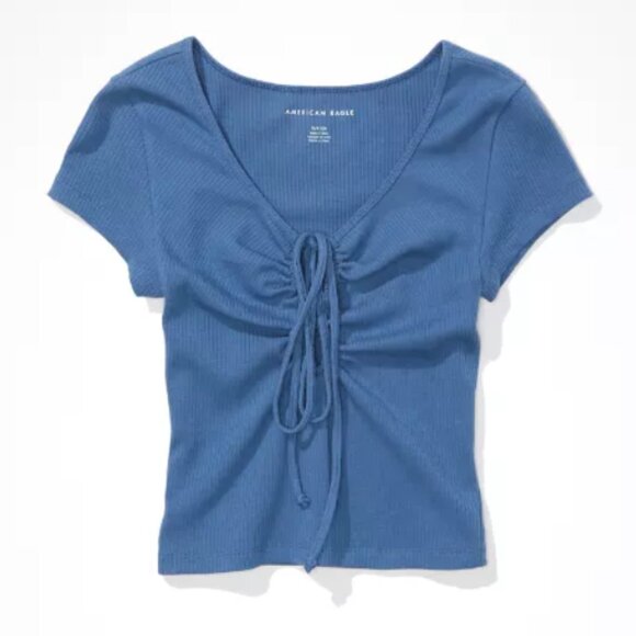 American Eagle Ribbed Blue Crop Top T-Shirt with Open Keyhole Tie-Front - Picture 4 of 5